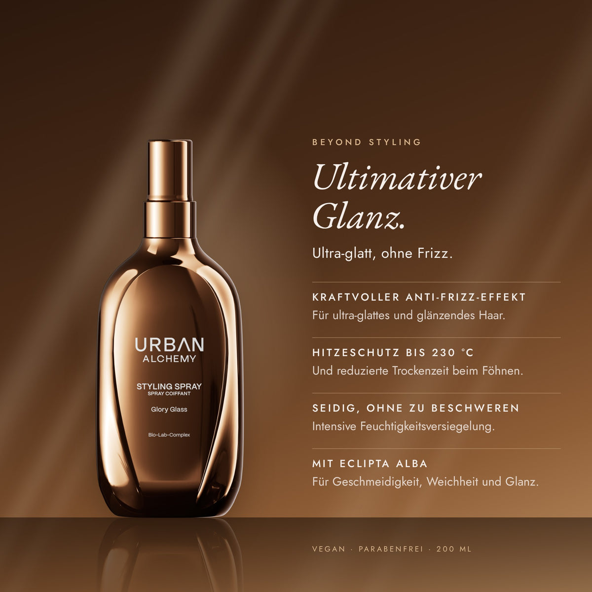 Glory Glass Styling Spray im Überblick: Anti-Frizz-Effekt, Hitzeschutz bis 230 °C, seidiges Finish, mit Eclipta Alba