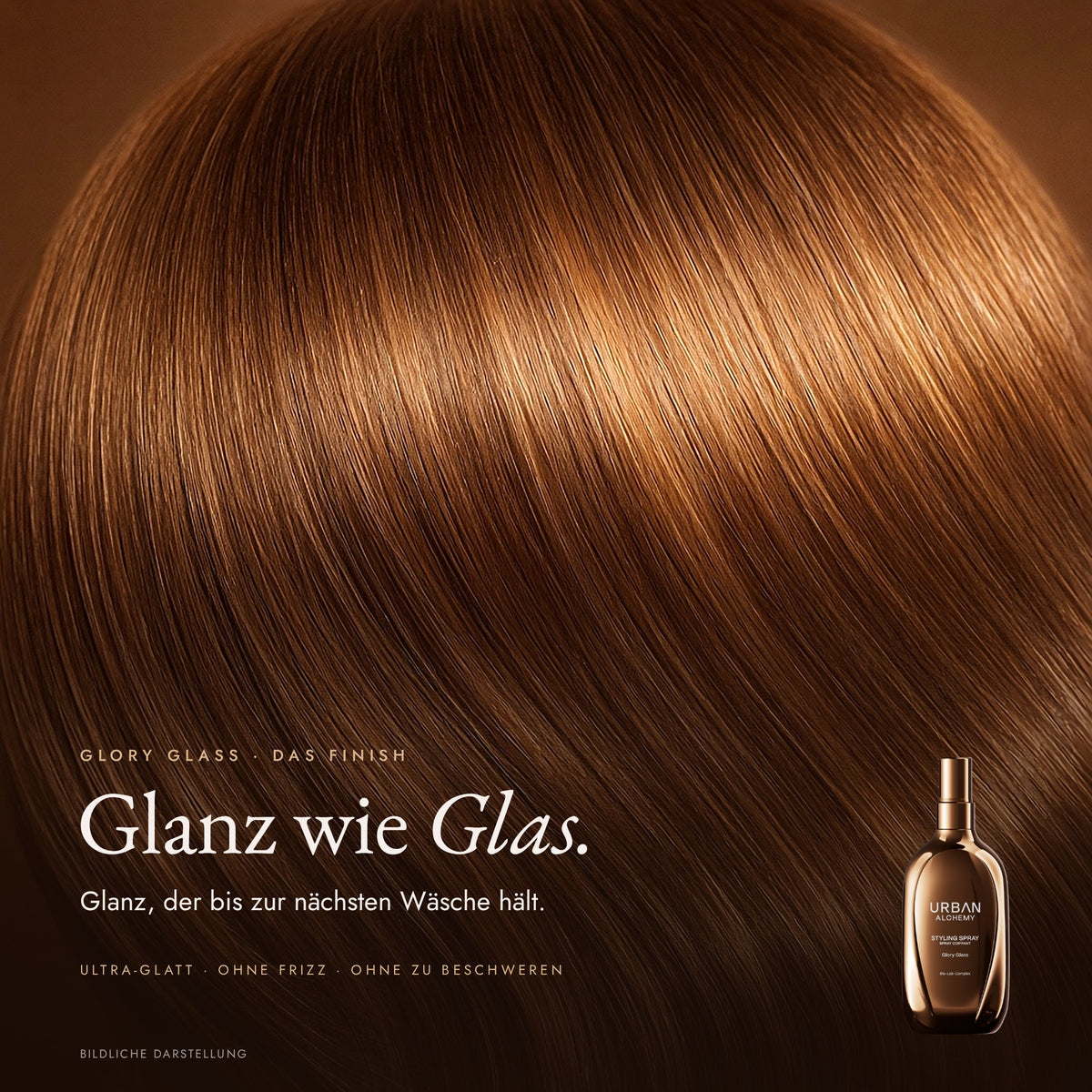 Glory Glass Styling Spray: Glanz wie Glas – glattes, glänzendes Haar mit Flasche im Bild