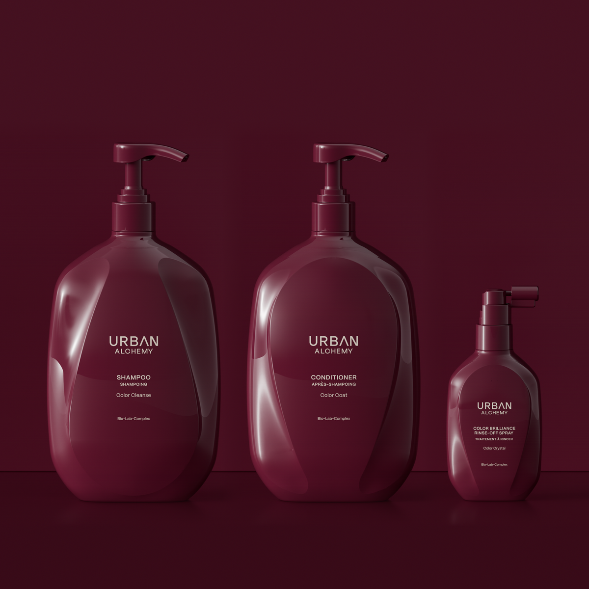 Color Care Set XL von Urban Alchemy: Color Cleanse Shampoo 1 l, Color Coat Conditioner 1 l und Color Crystal Rinse-Off Spray