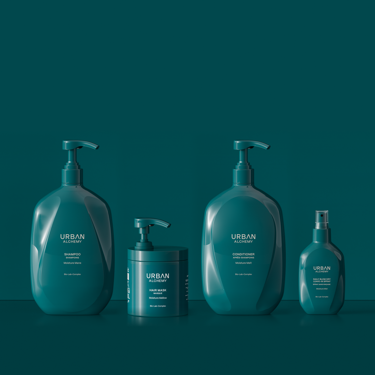 Moisture Set XL von Urban Alchemy: Moisture Mane Shampoo 1 l, Moisture Mellow Maske 500 ml, Moisture Melt Conditioner 1 l und Moisture Mist Leave-In Spray