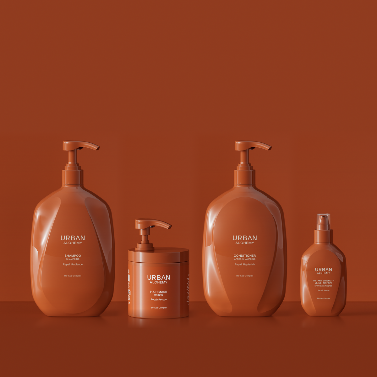Repair Set XL von Urban Alchemy: Repair Radiance Shampoo 1 l, Repair Rescue Maske 500 ml, Repair Replenish Conditioner 1 l und Repair Revive Leave-in Spray