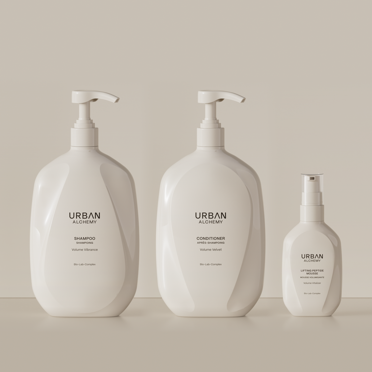 Volume Set XL von Urban Alchemy: Volume Vibrance Shampoo 1 l, Volume Velvet Conditioner 1 l und Volume Vitalizer Mousse